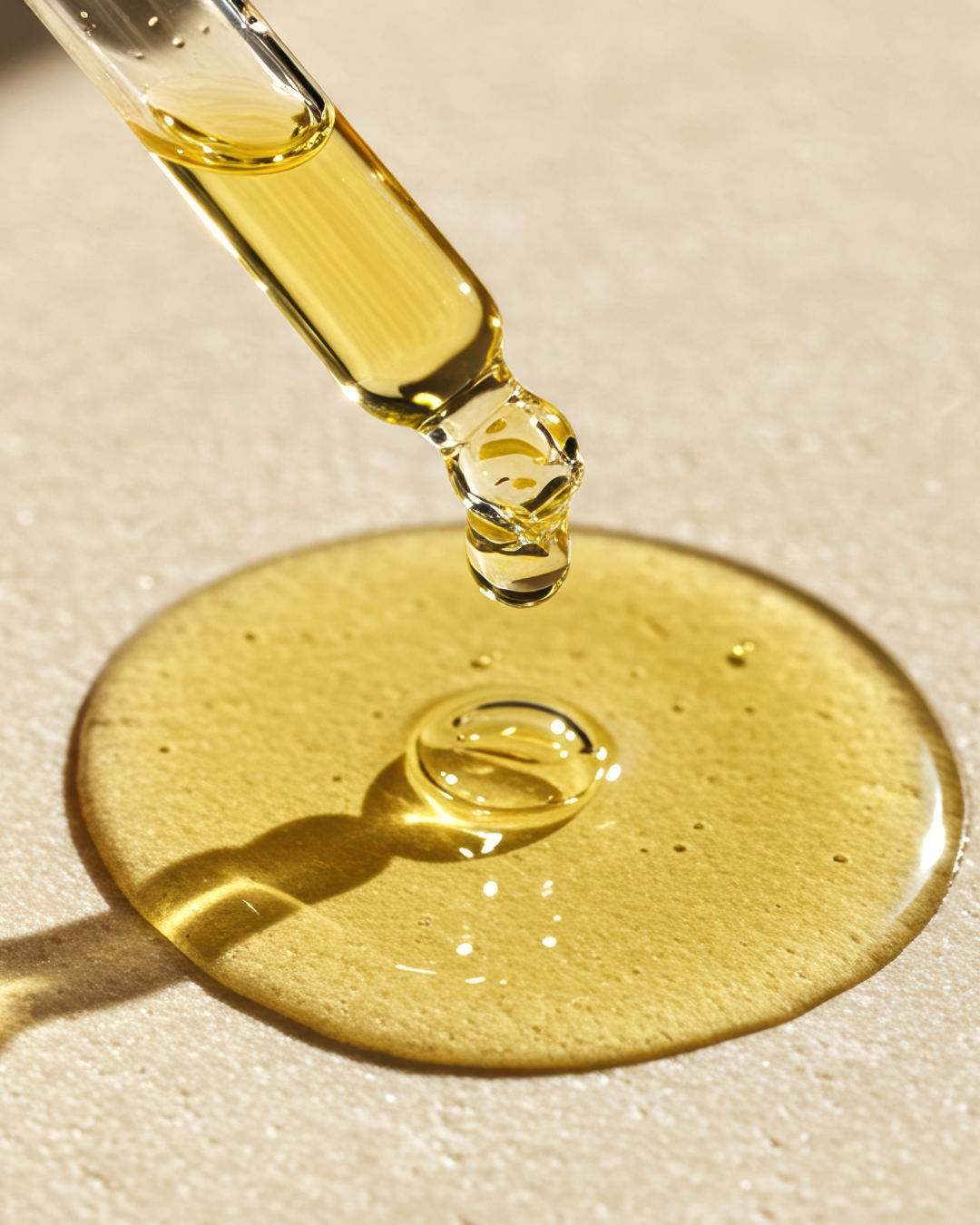 Close-up of beard oil texture on surface, highlighting lightweight, non-greasy formula.