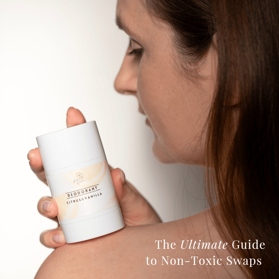Woman holding natural deodorant on shoulder – eco-friendly, non-toxic skincare product