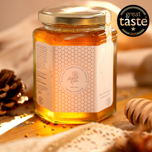 Award-winning wildflower raw honey in 340g glass jar with Great Taste badge, unpasteurised and single origin from West Midlands UK.