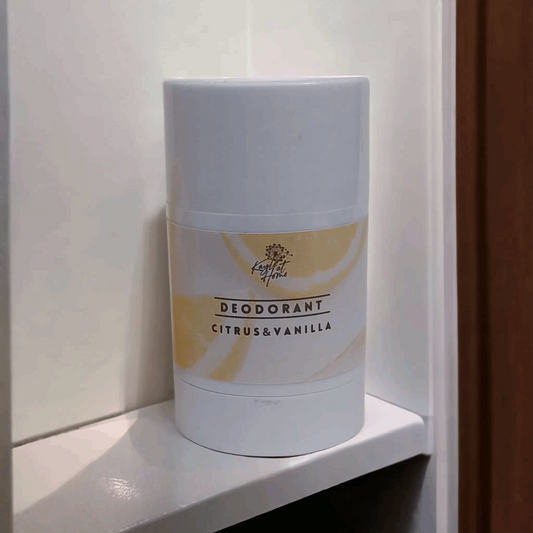 a bottle of deodorant sits on a shelf